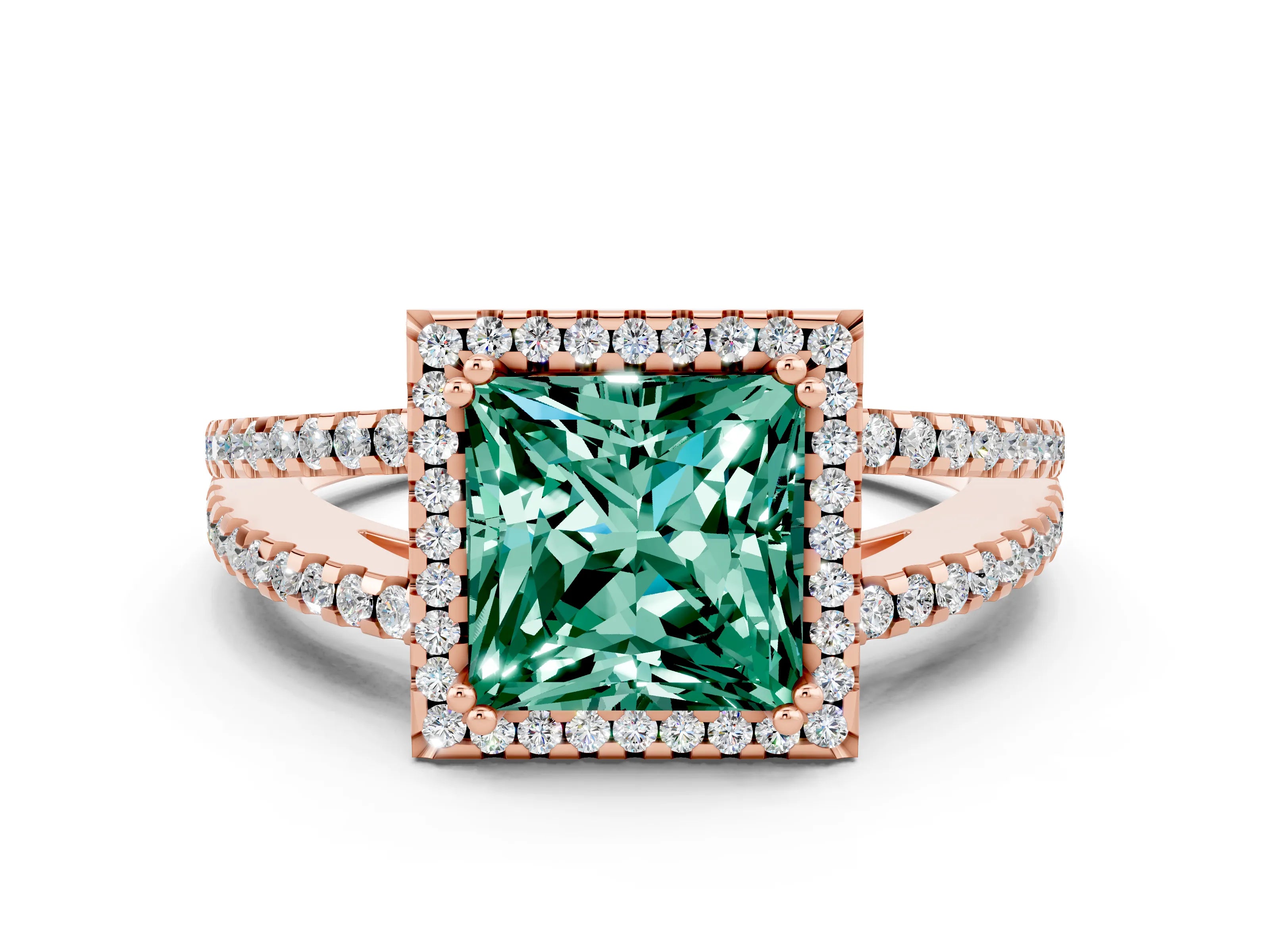 Rose gold Princess Cut Green Sapphire Halo Split Shank Engagement Ring_12
