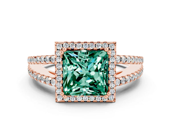 Rose gold Princess Cut Green Sapphire Halo Split Shank Engagement Ring