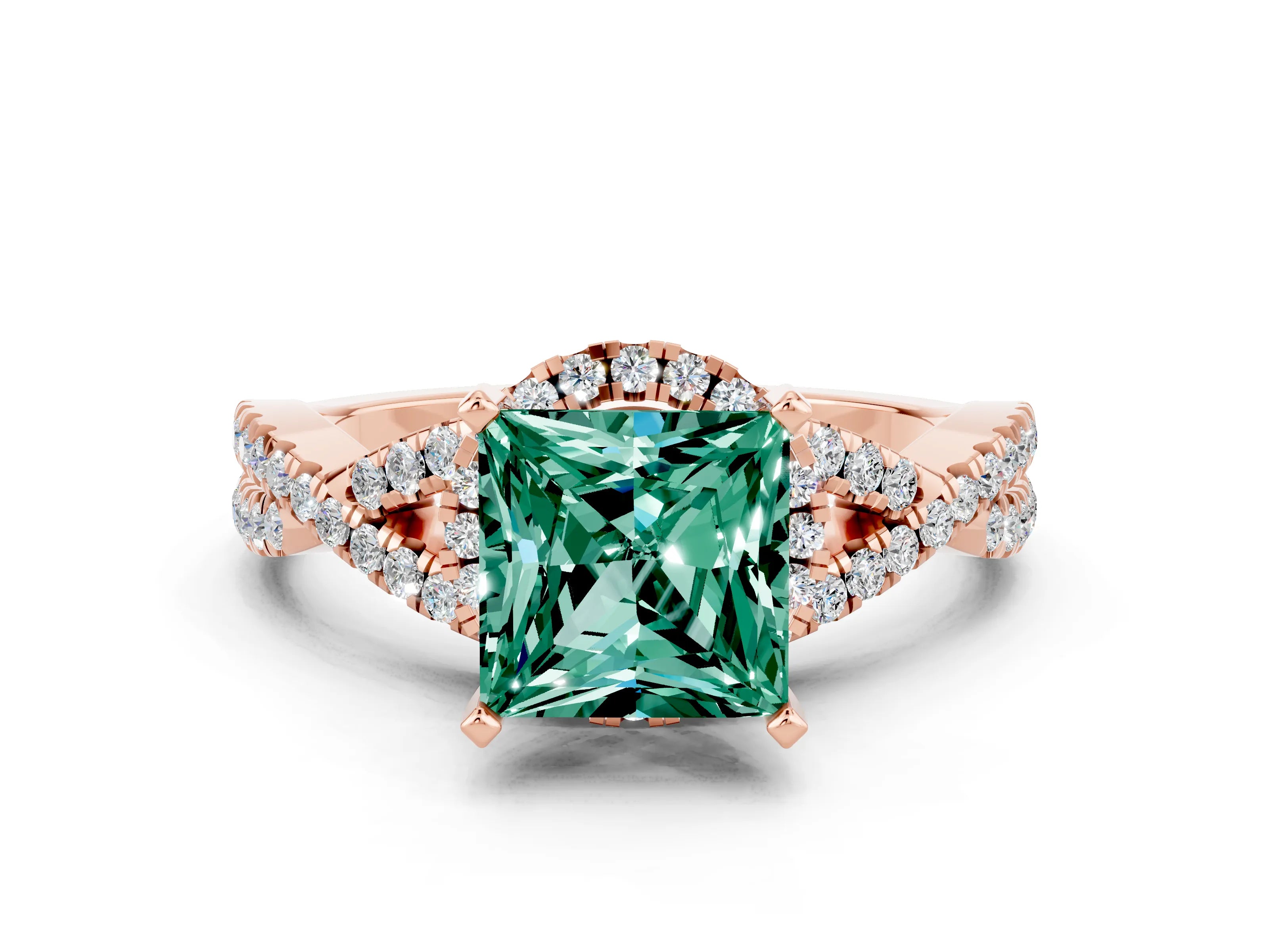 Rose gold Princess Cut Green Sapphire Halo Twist Band Solitaire Prong Setting Ring