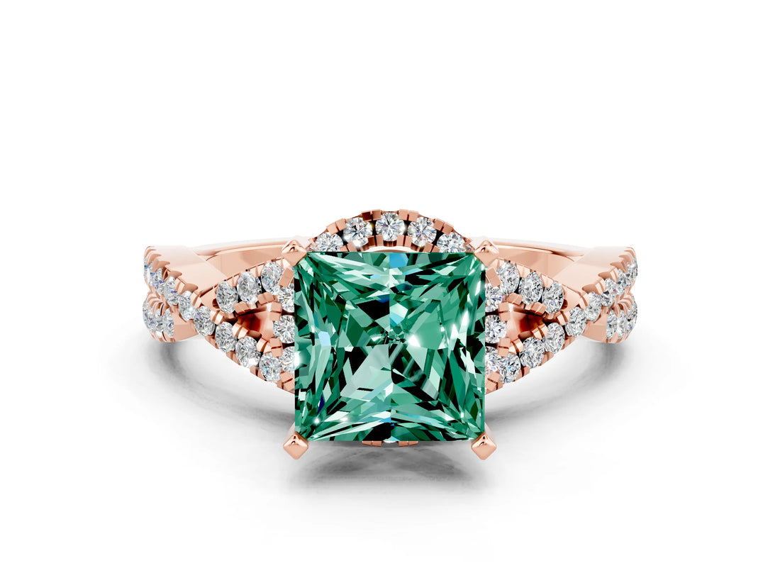 Rose gold Princess Cut Green Sapphire Halo Twist Band Solitaire Prong Setting Ring