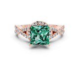 Rose gold Princess Cut Green Sapphire Halo Twist Band Solitaire Prong Setting Ring