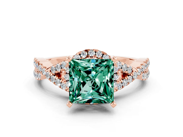 Rose gold Princess Cut Green Sapphire  Halo Twist Band Solitaire Prong Setting Ring