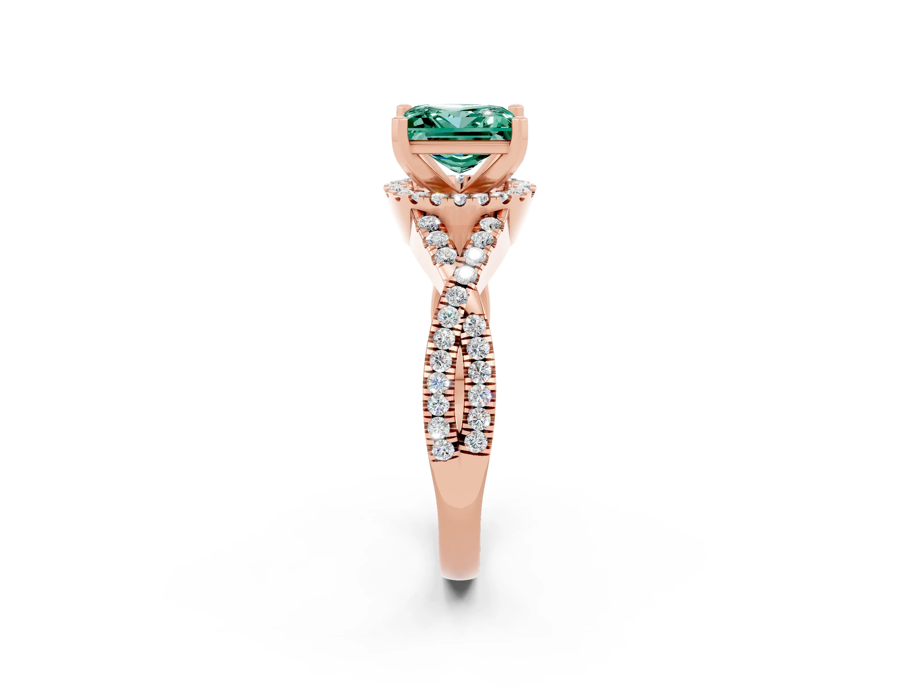 Rose gold Princess Cut Green Sapphire Halo Twist Band Solitaire Prong Setting Ring_2