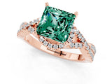 Rose gold Princess Cut Green Sapphire  Halo Twist Band Solitaire Prong Setting Ring_25