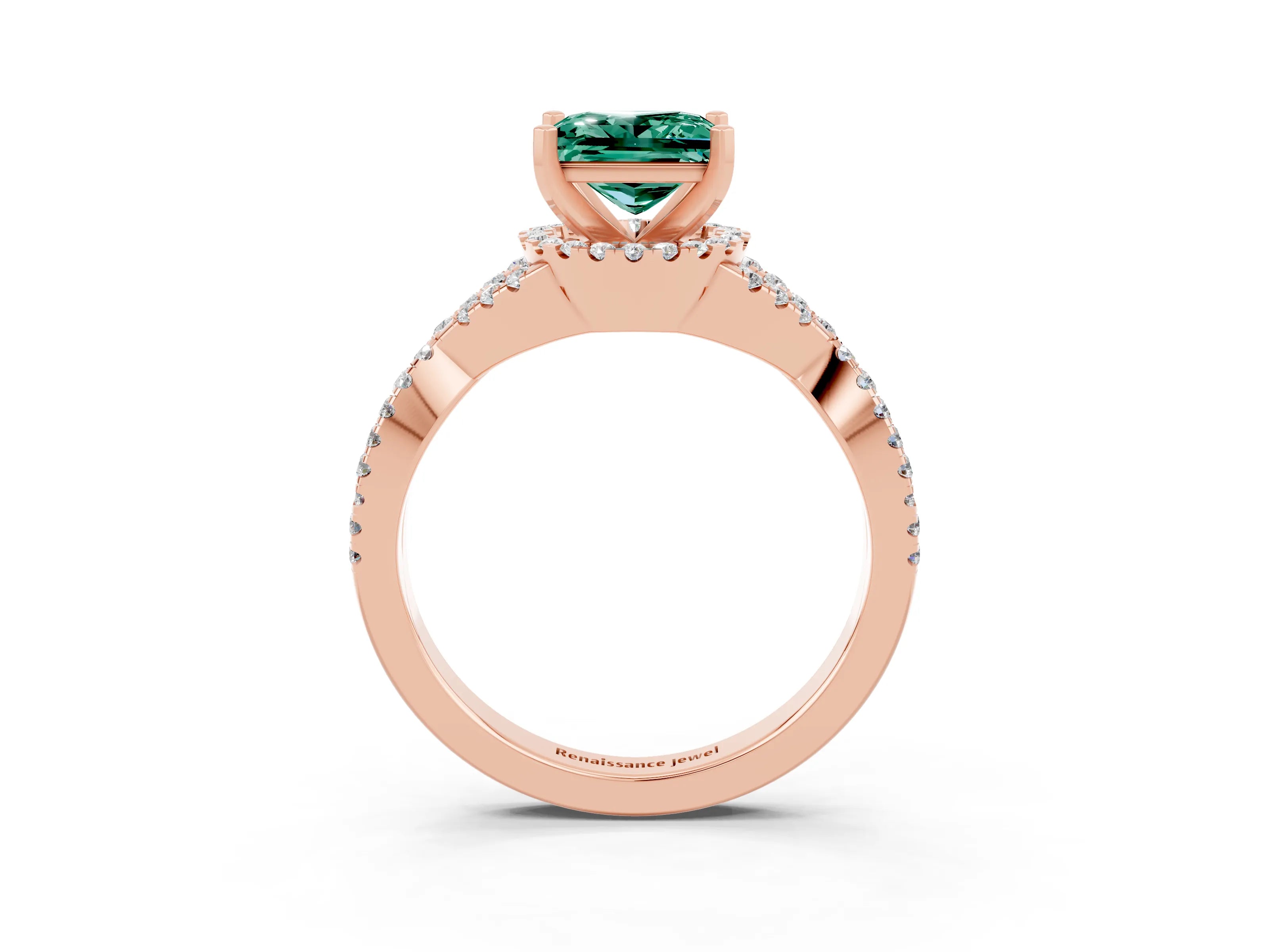 Rose gold Princess Cut Green Sapphire Halo Twist Band Solitaire Prong Setting Ring_3