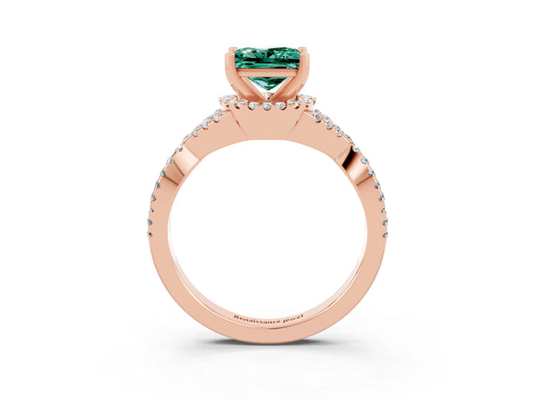 Rose gold Princess Cut Green Sapphire  Halo Twist Band Solitaire Prong Setting Ring