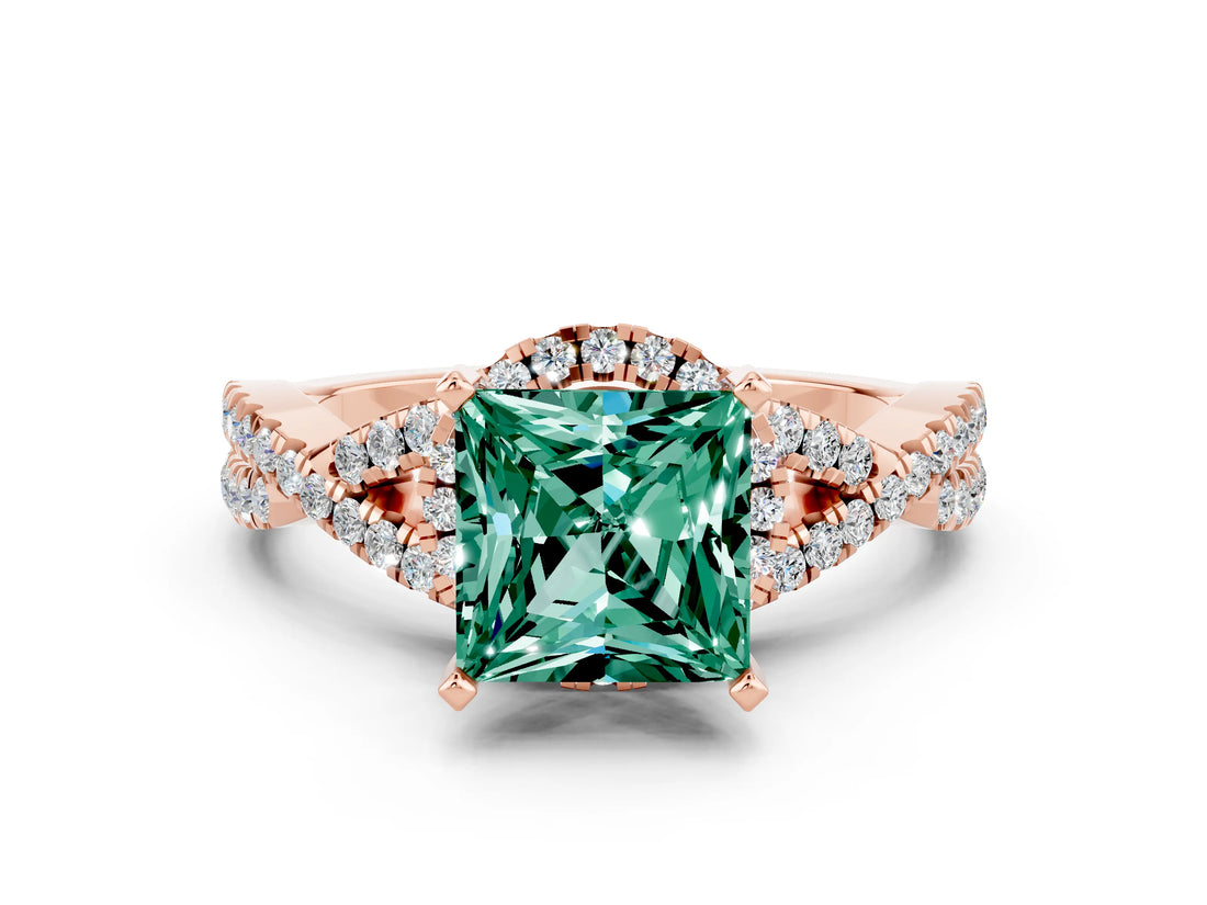 Rose gold Princess Cut Green Sapphire  Halo Twist Band Solitaire Prong Setting Ring_42