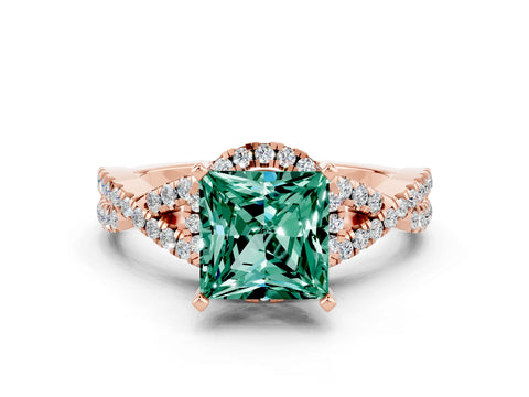 Rose gold Princess Cut Green Sapphire Halo Twist Band Solitaire Prong Setting Ring