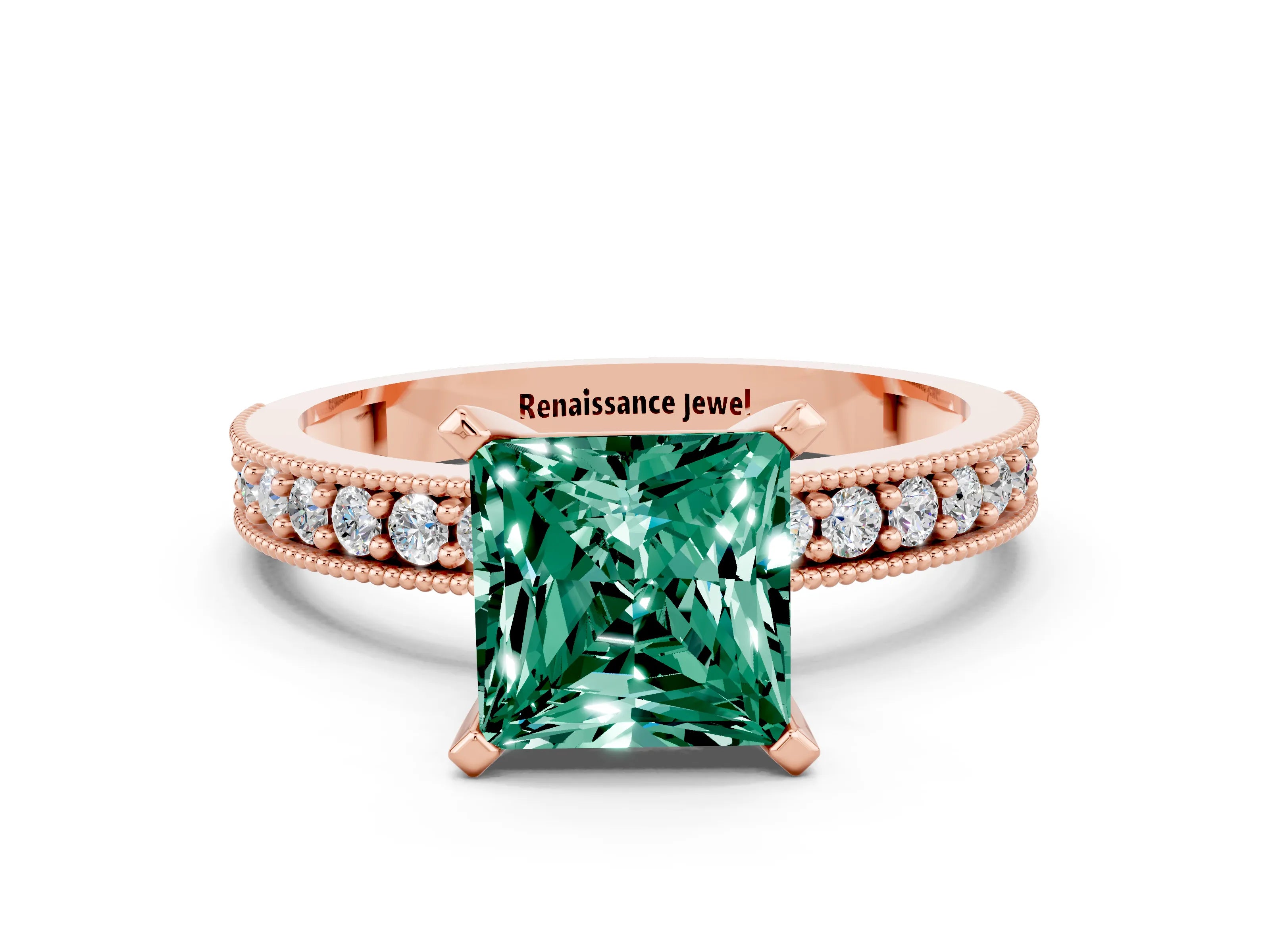 Rose gold Princess Cut Green Sapphire Milgrain Pavé Engagement Ring with Four-Prong Setting_12