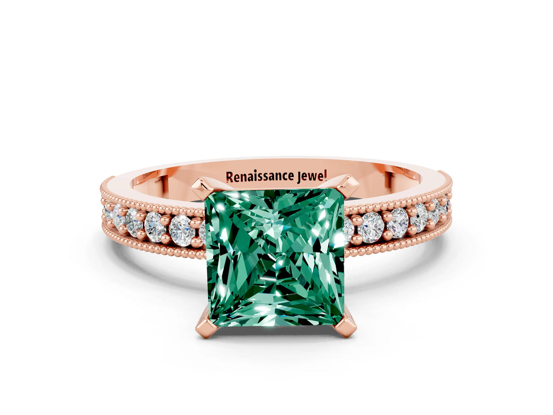Rose gold Princess Cut Green Sapphire Milgrain Pavé Engagement Ring with Four-Prong Setting_12