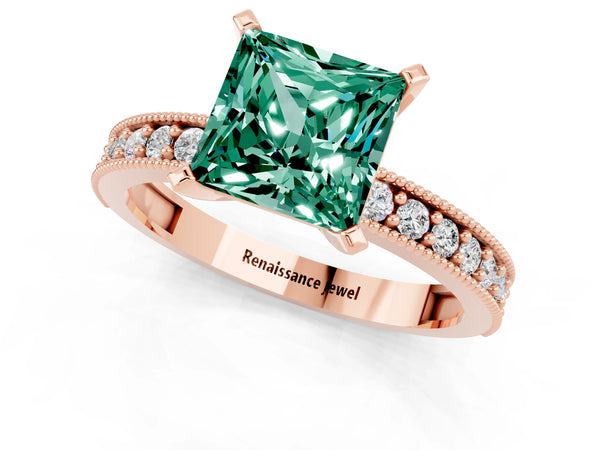 Rose gold Princess Cut Green Sapphire Milgrain Pavé Engagement Ring with Four-Prong Setting