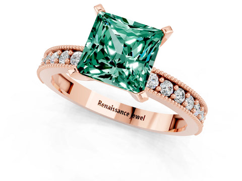 Rose gold Princess Cut Green Sapphire Milgrain Pavé Engagement Ring with Four-Prong Setting_13