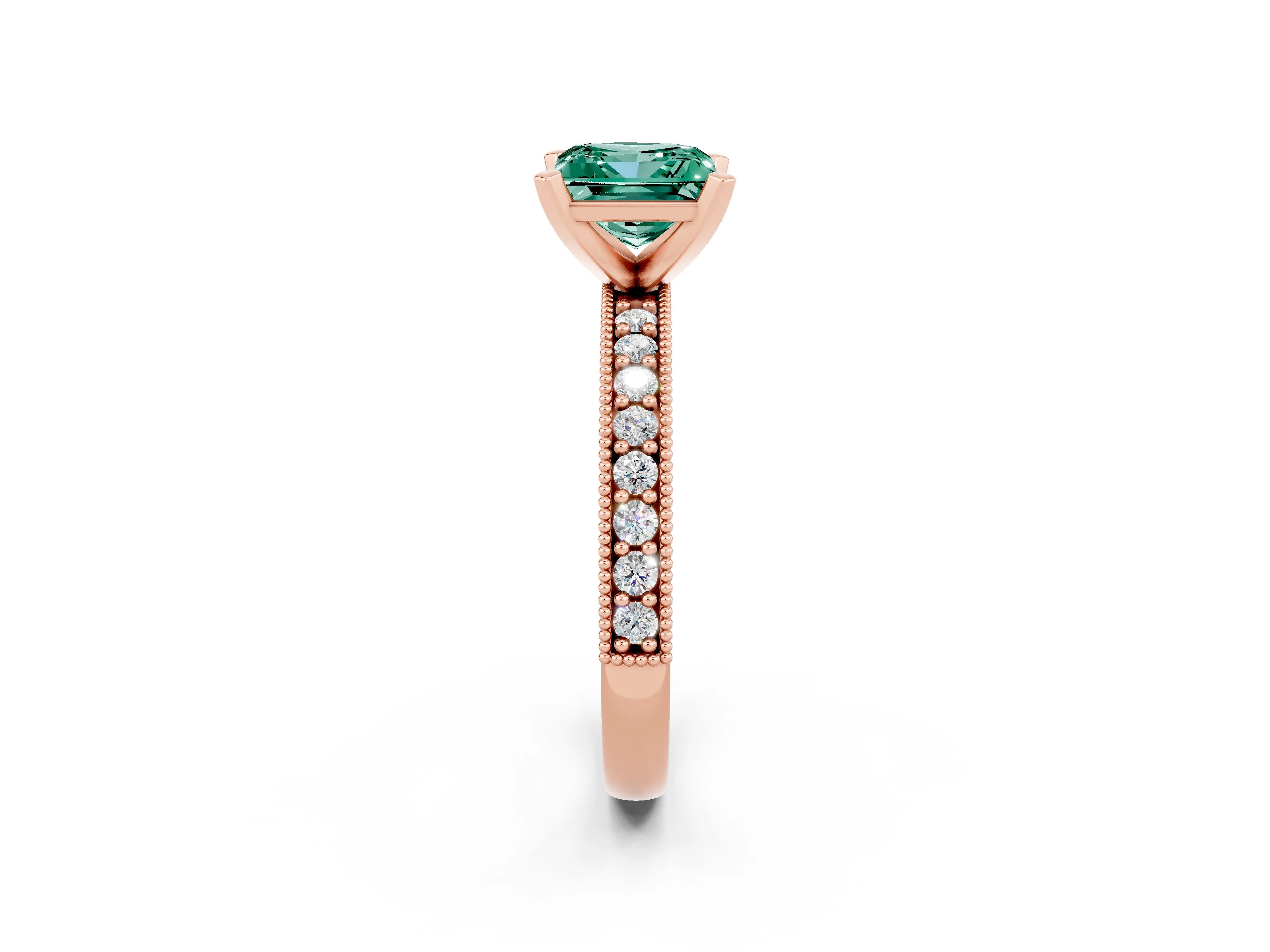 Rose gold Princess Cut Green Sapphire Milgrain Pavé Engagement Ring with Four-Prong Setting_14