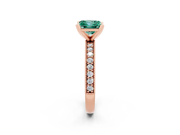 Rose gold Princess Cut Green Sapphire Milgrain Pavé Engagement Ring with Four-Prong Setting