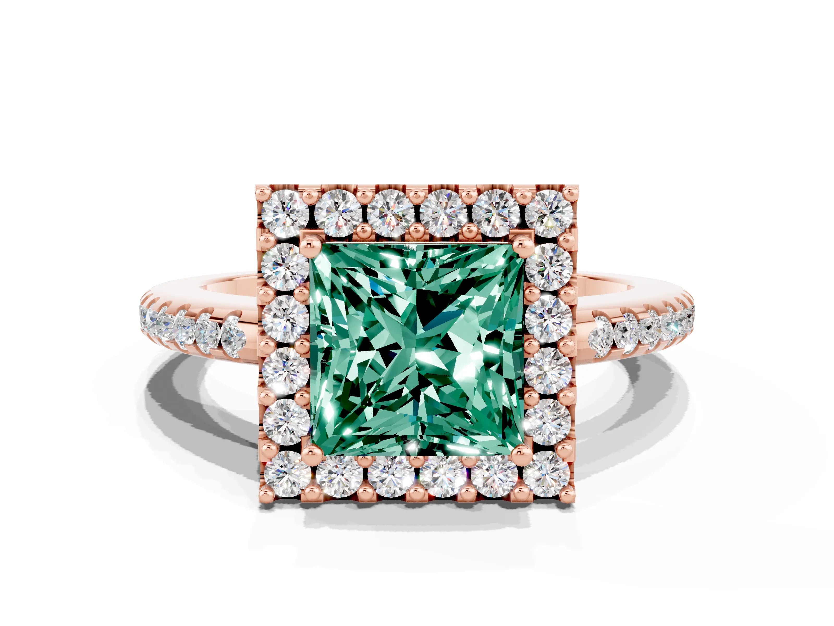 Rose gold Princess Cut Green Sapphire Pavé Halo Ring with Four-Prong Setting_12