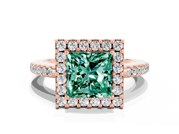 Rose gold Princess Cut Green Sapphire Pavé Halo Ring with Four-Prong Setting