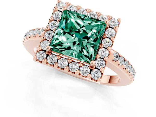 Rose gold Princess Cut Green Sapphire Pavé Halo Ring with Four-Prong Setting