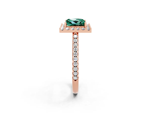 Rose gold Princess Cut Green Sapphire Pavé Halo Ring with Four-Prong Setting