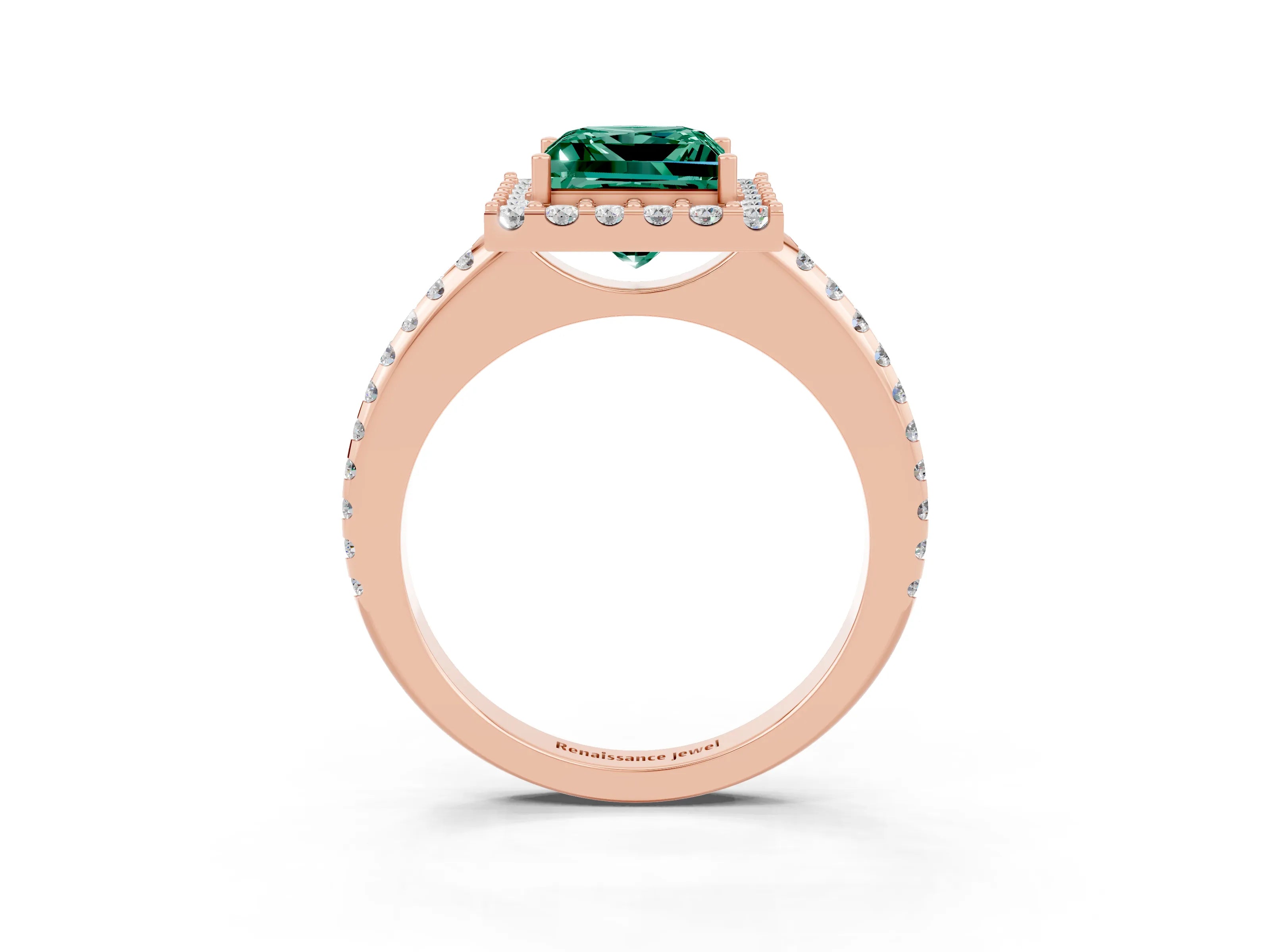 Rose gold Princess Cut Green Sapphire Pavé Halo Ring with Four-Prong Setting_15