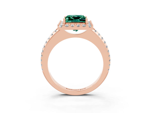 Rose gold Princess Cut Green Sapphire Pavé Halo Ring with Four-Prong Setting