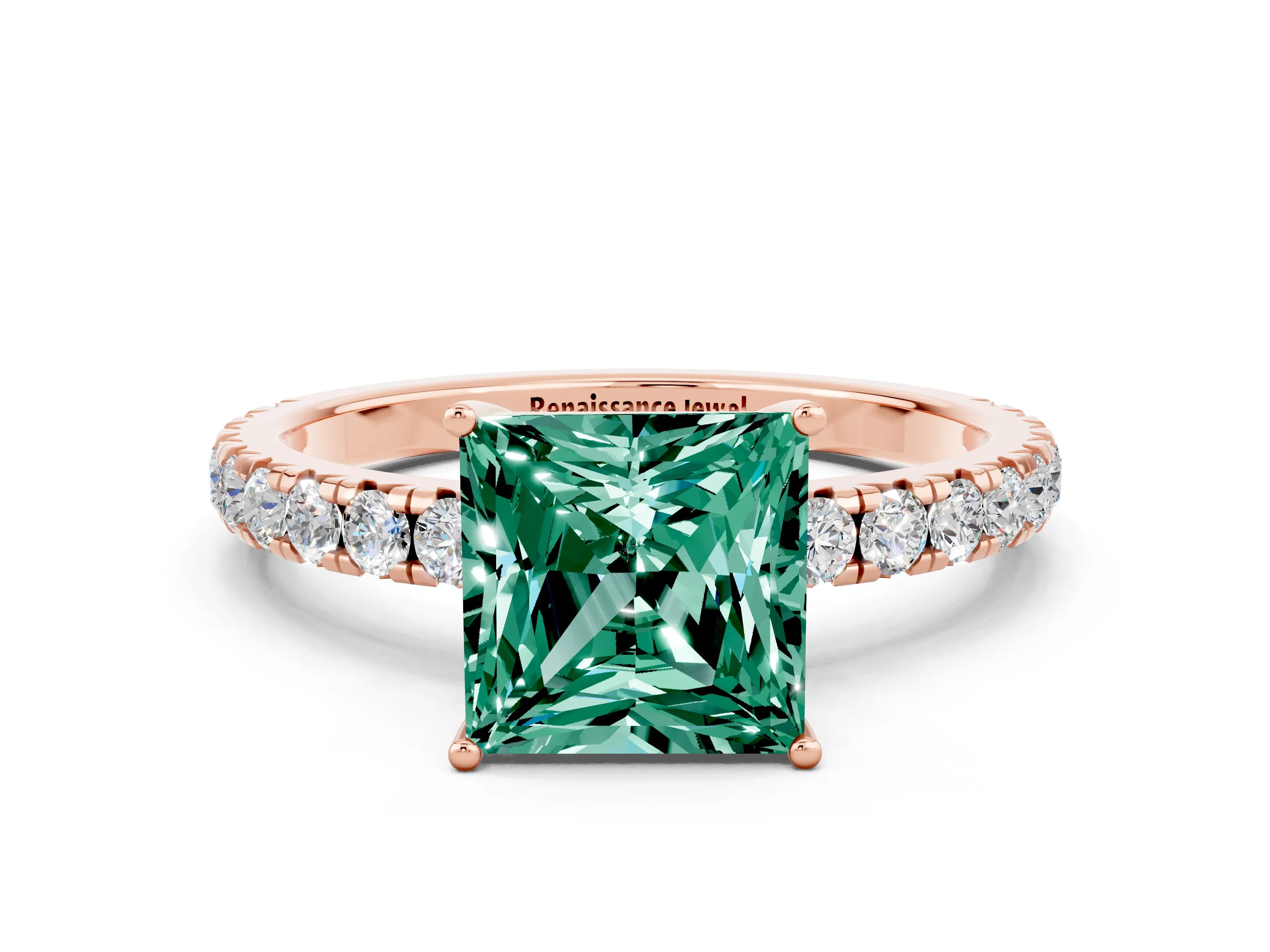 Rose gold Princess Cut Green Sapphire Pavé Solitaire Engagement Ring with Four-Prong Setting_12