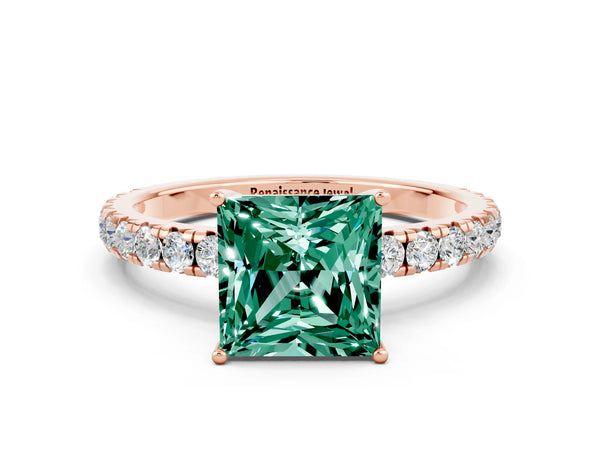 Rose gold Princess Cut Green Sapphire Pavé Solitaire Engagement Ring with Four-Prong Setting