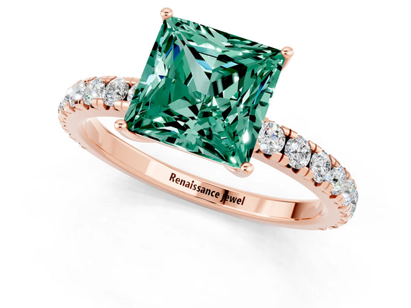 Rose gold Princess Cut Green Sapphire Pavé Solitaire Engagement Ring with Four-Prong Setting