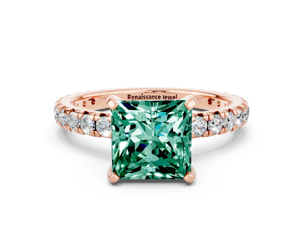 Rose gold Princess Cut Green Sapphire Pavé Solitaire Ring with Round Band and Prong Setting