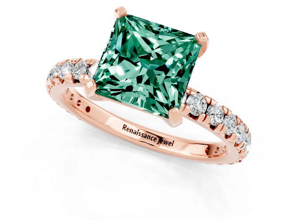 Rose gold Princess Cut Green Sapphire Pavé Solitaire Ring with Round Band and Prong Setting