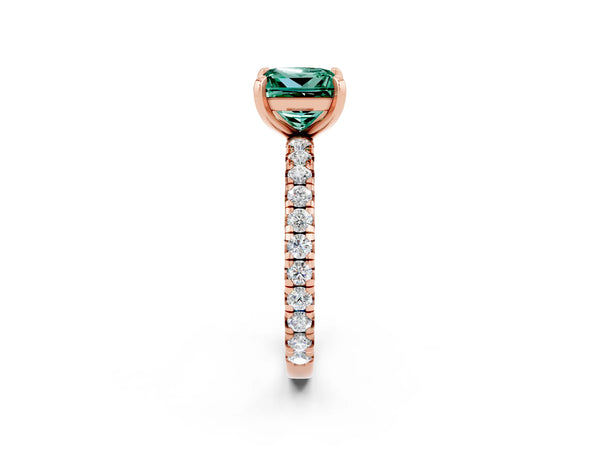 Rose gold Princess Cut Green Sapphire Pavé Solitaire Ring with Round Band and Prong Setting