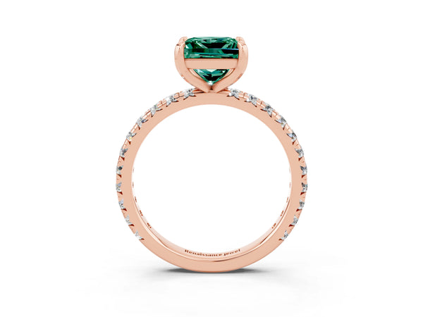 Rose gold Princess Cut Green Sapphire Pavé Solitaire Ring with Round Band and Prong Setting