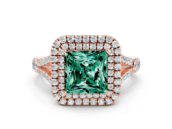 Rose gold Princess Cut Green Sapphire Pavé Split Shank Double Halo Engagement Ring