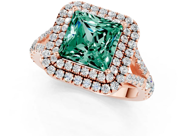 Rose gold Princess Cut Green Sapphire Pavé Split Shank Double Halo Engagement Ring
