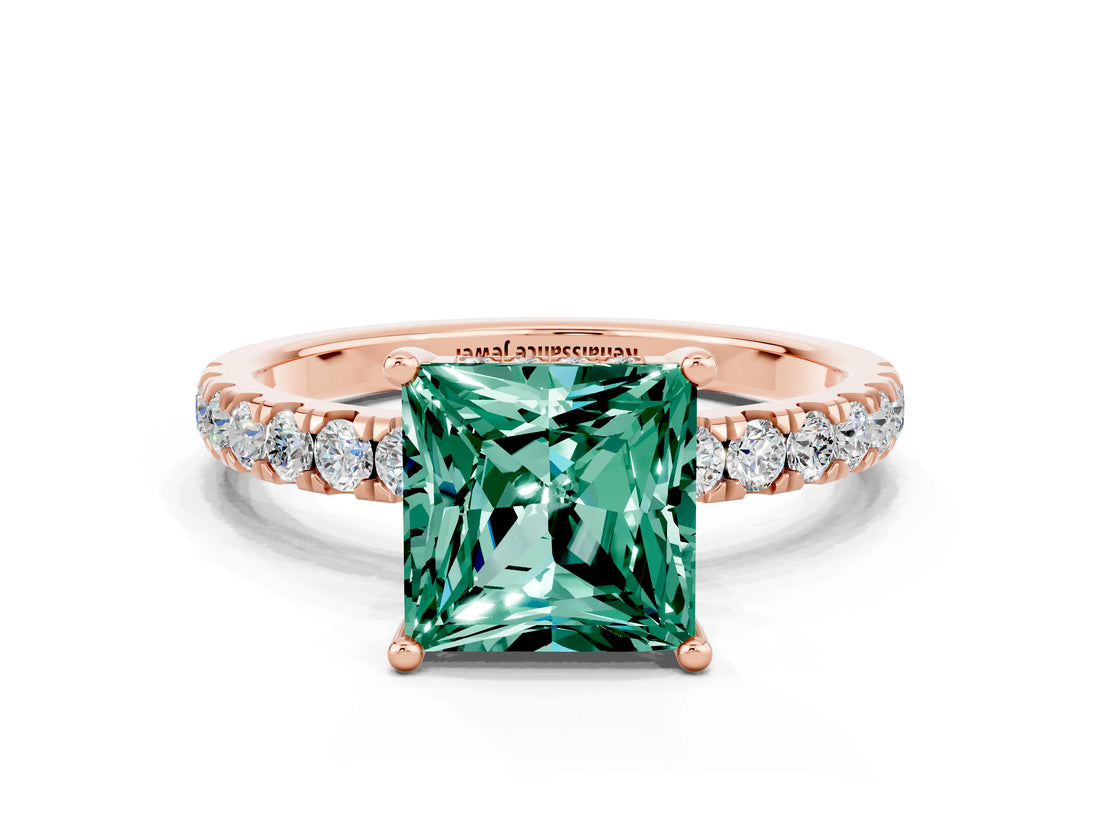 Rose gold Princess Cut Green Sapphire Pave Band Solitaire Ring with Four-Prong Setting_24