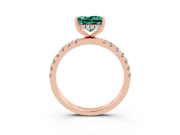 Rose gold Princess Cut Green Sapphire Pave Band Solitaire Ring with Round  and Prong Setting