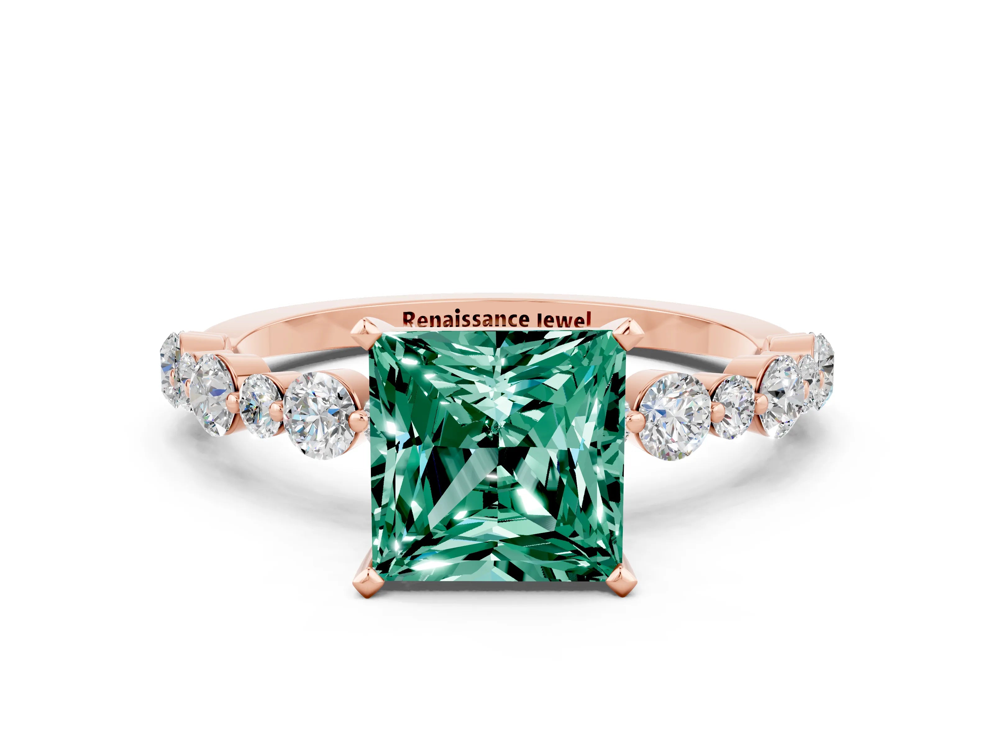 Rose gold Princess Cut Green Sapphire Prong Set Engagement Ring with Pavé Band