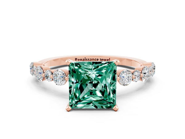 Rose gold Princess Cut Green Sapphire Prong Set Engagement Ring with Pavé Band