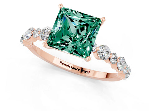 Rose gold Princess Cut Green Sapphire Prong Set Engagement Ring with Pavé Band_1