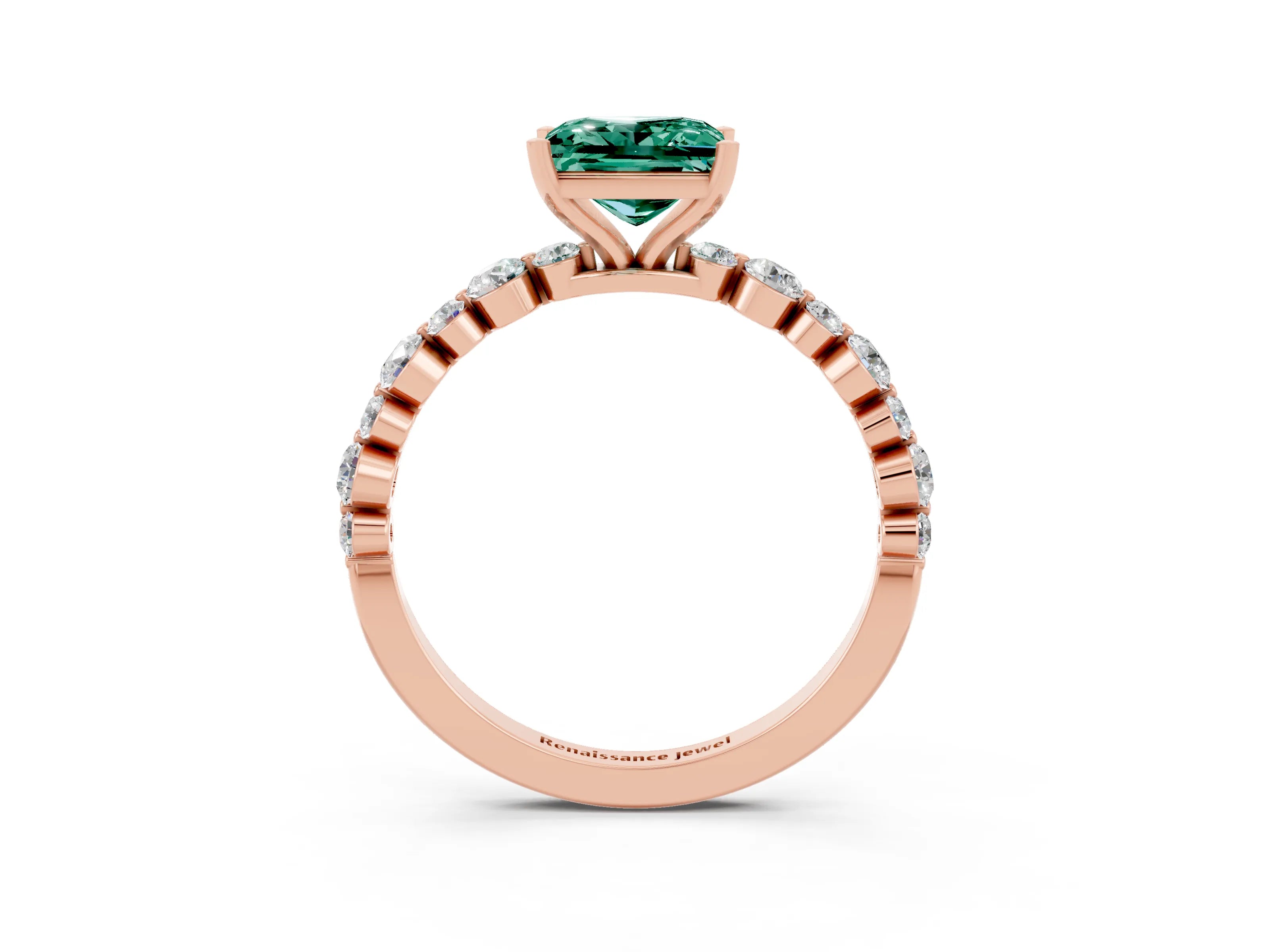 Rose gold Princess Cut Green Sapphire Prong Set Engagement Ring with Pavé Band_3