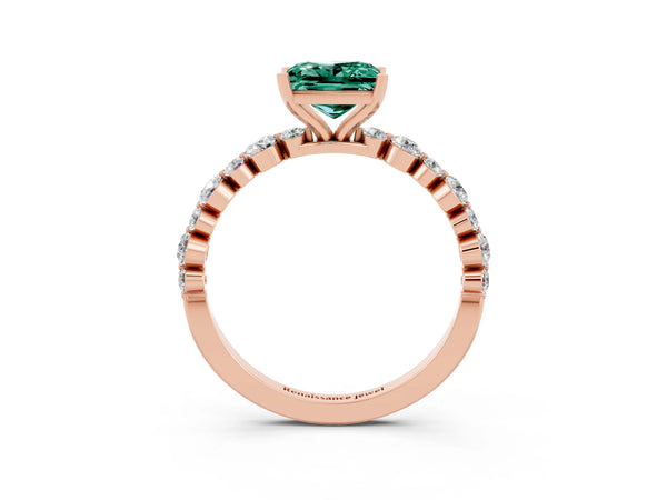 Rose gold Princess Cut Green Sapphire Prong Set Engagement Ring with Pavé Band