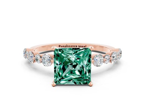 Rose gold Princess Cut Green Sapphire Prong Set Engagement Ring with Pavé Band