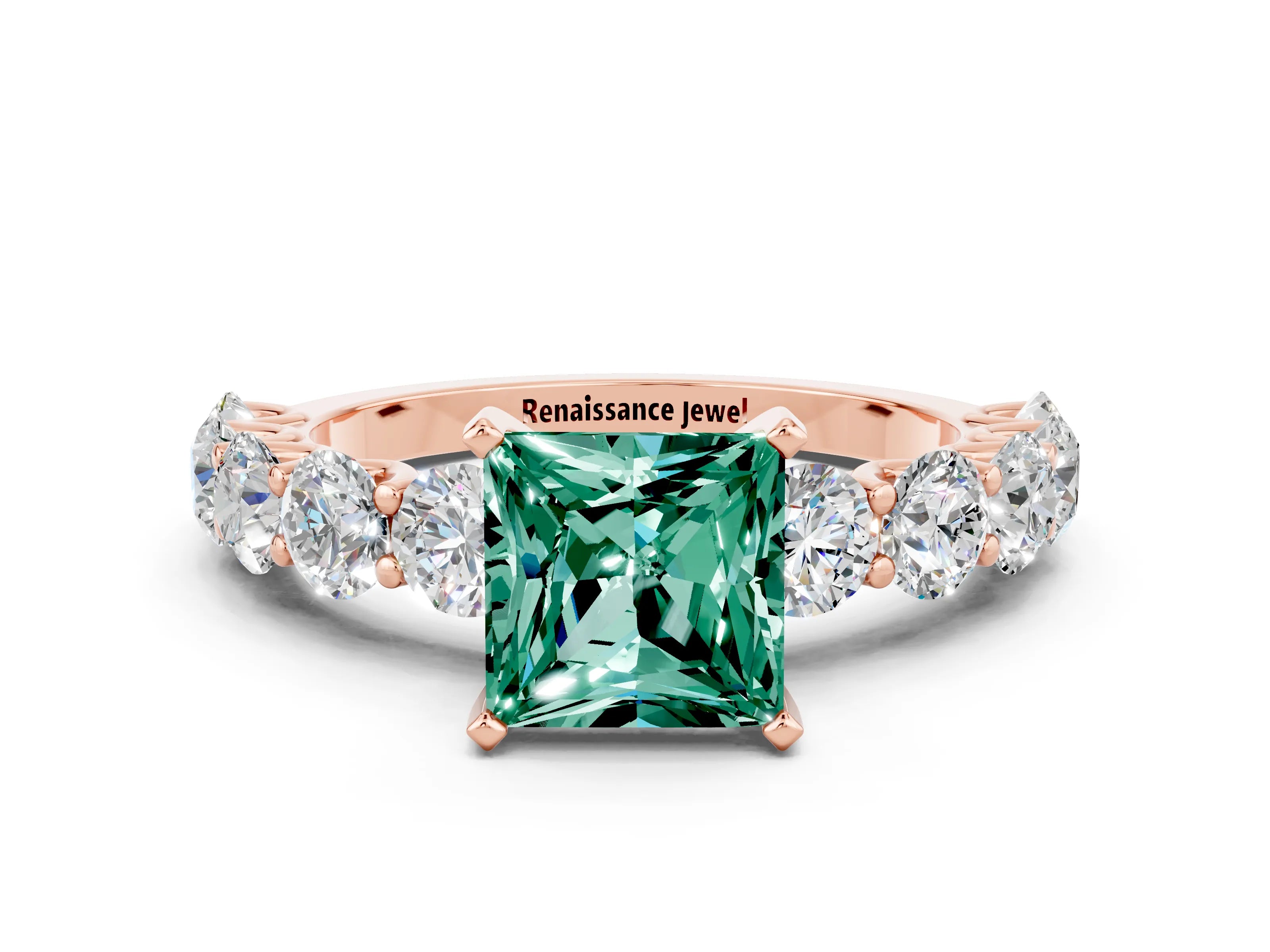 Rose gold Princess Cut Green Sapphire Prong Setting with Side Stones on a Pave Band