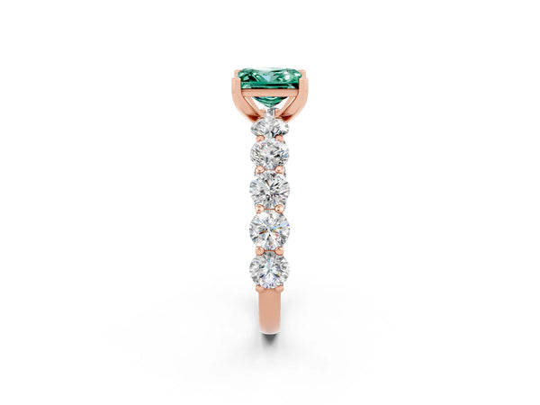 Rose gold Princess Cut Green Sapphire Prong Setting with Side Stones on a Pave Band