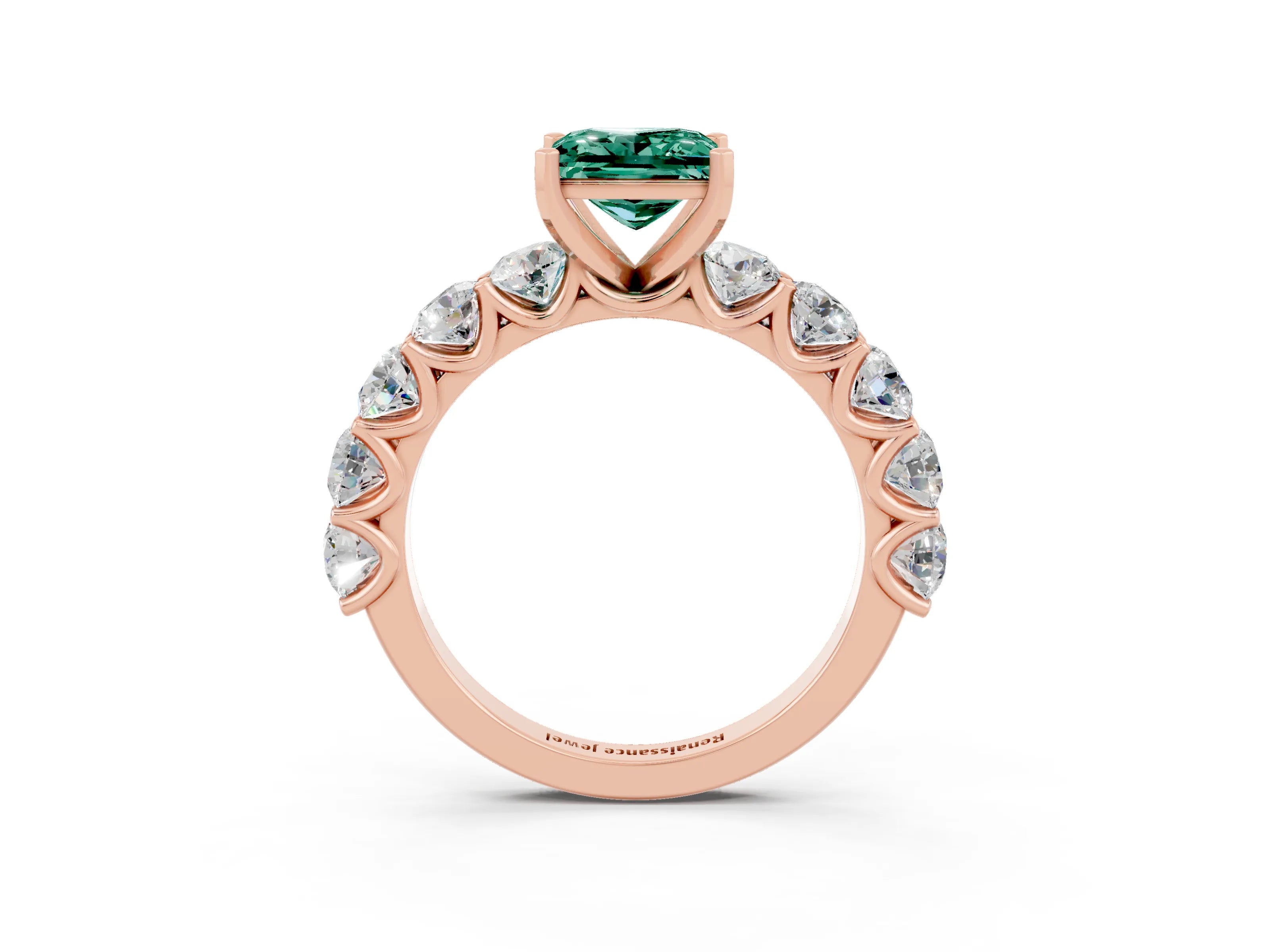 Rose gold Princess Cut Green Sapphire Prong Setting with Side Stones on a Pave Band_3