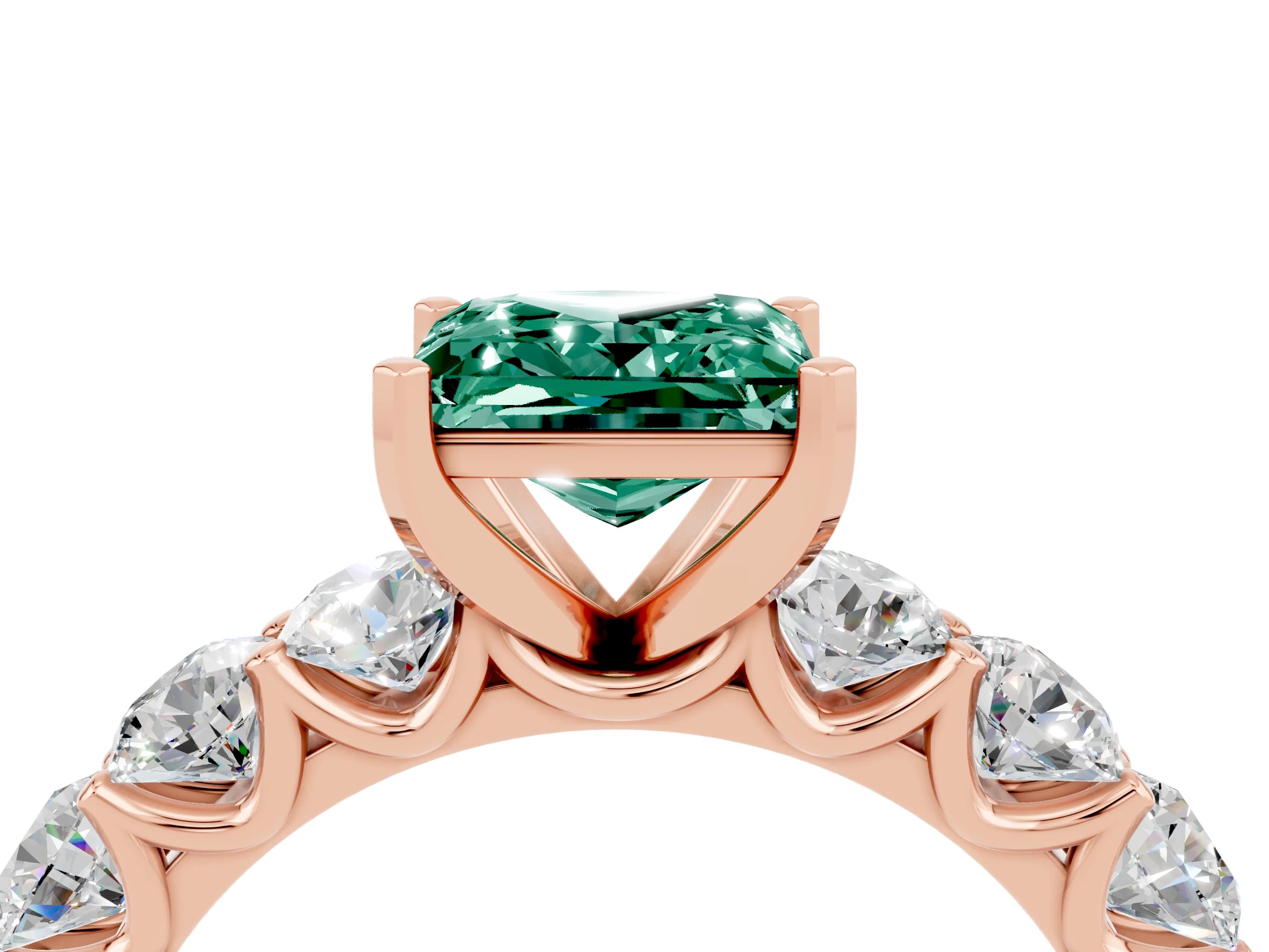 Rose gold Princess Cut Green Sapphire Prong Setting with Side Stones on a Pave Band_4