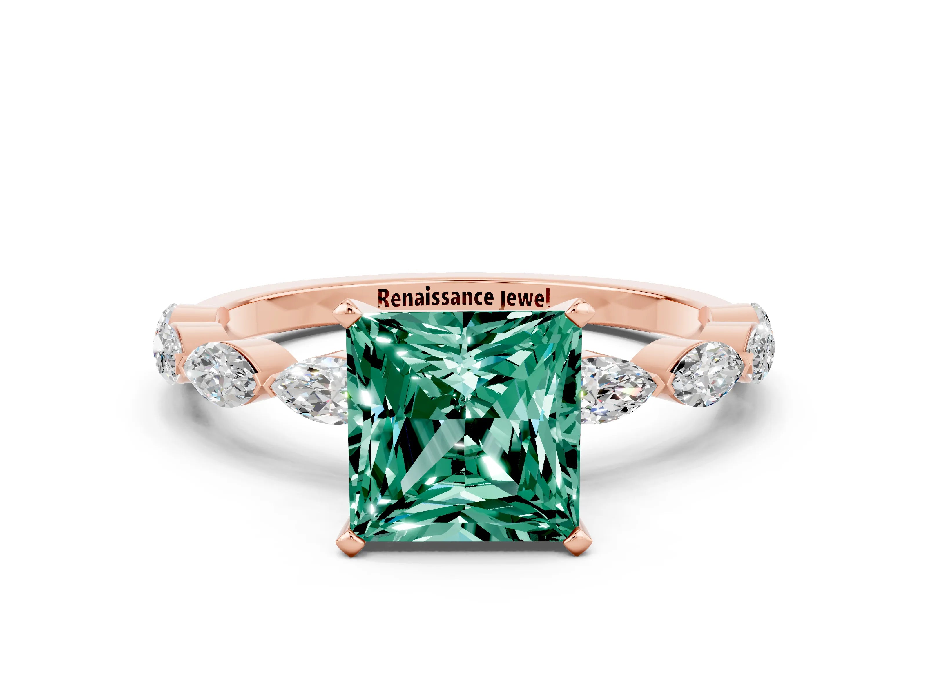 Rose gold Princess Cut Green Sapphire Ring with Marquise Side Stones and Prong Setting