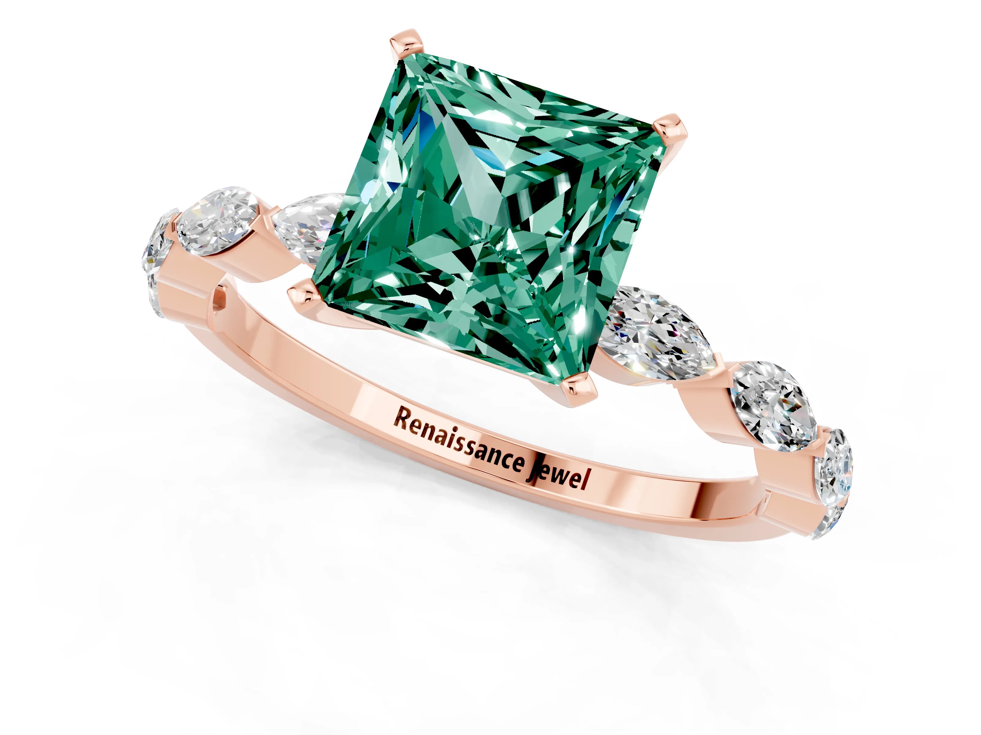 Rose gold Princess Cut Green Sapphire Ring with Marquise Side Stones and Prong Setting_1