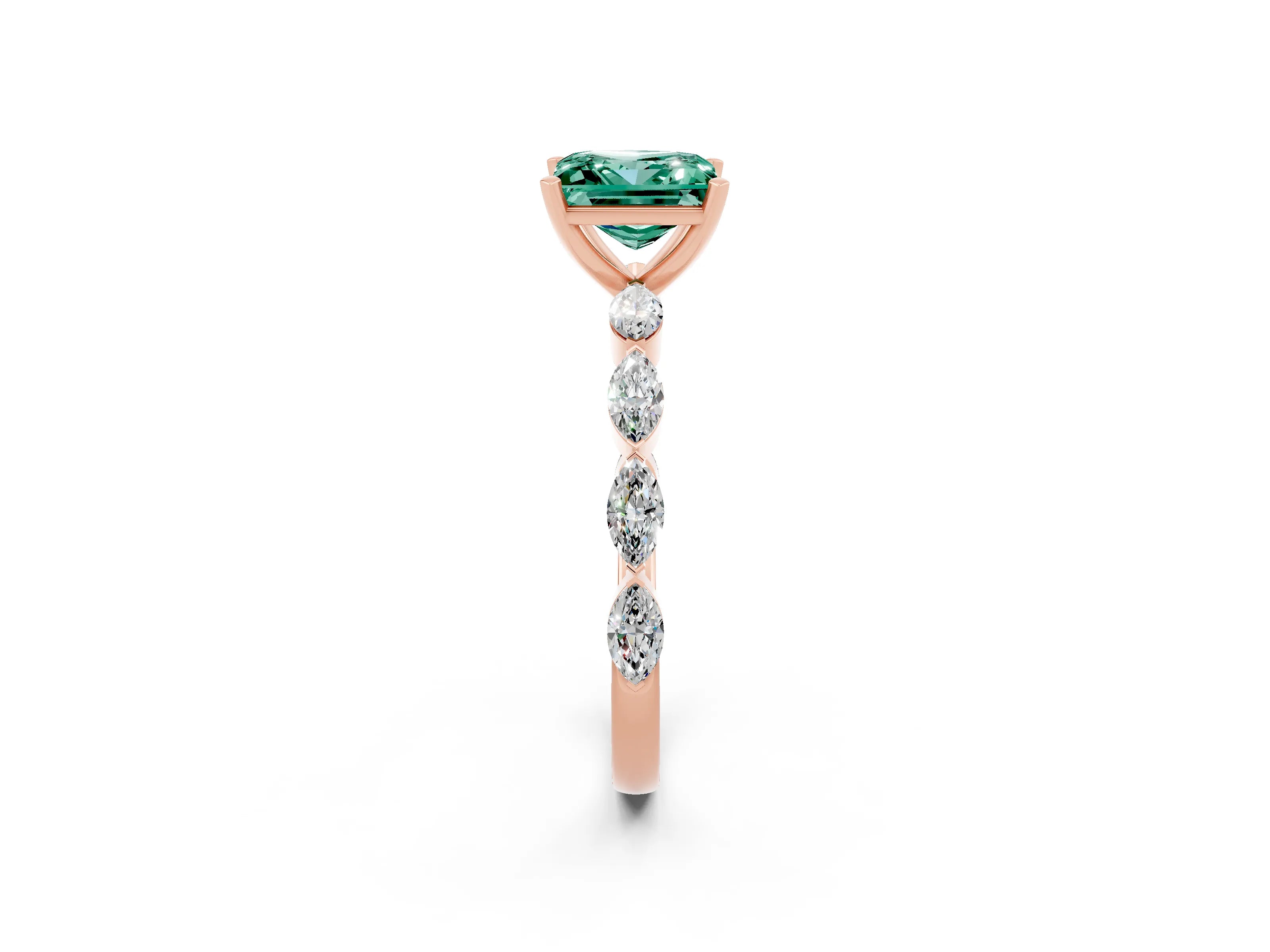 Rose gold Princess Cut Green Sapphire Ring with Marquise Side Stones and Prong Setting_2