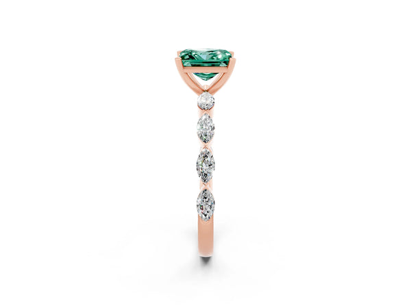 Rose gold Princess Cut Green Sapphire Ring with Marquise Side Stones and Prong Setting