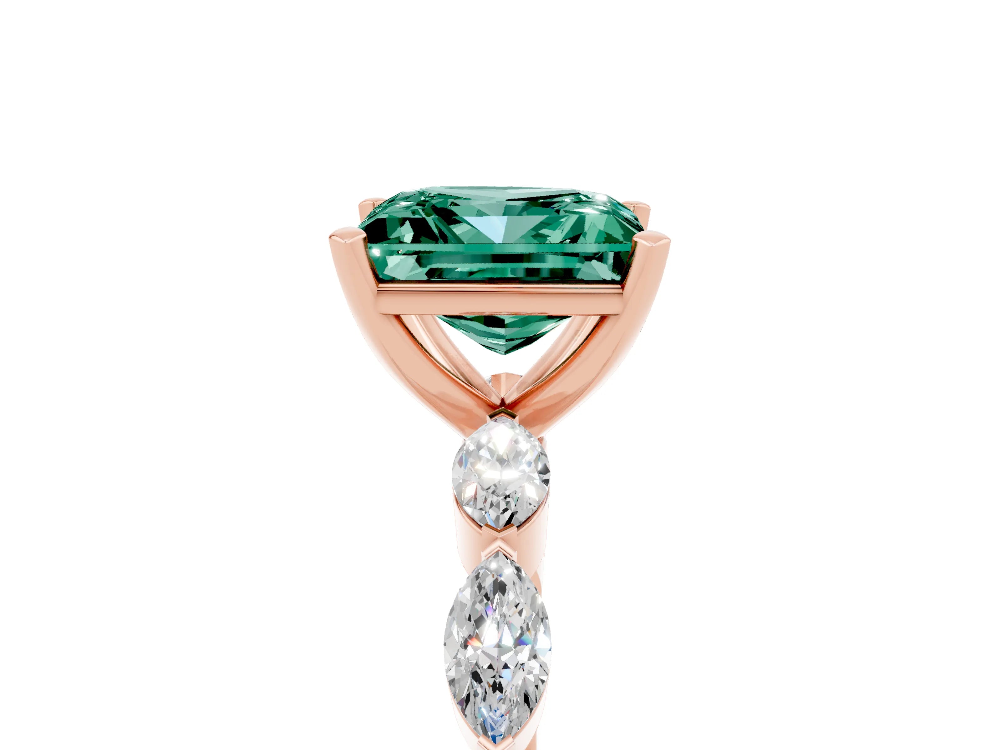 Rose gold Princess Cut Green Sapphire Ring with Marquise Side Stones and Prong Setting_5